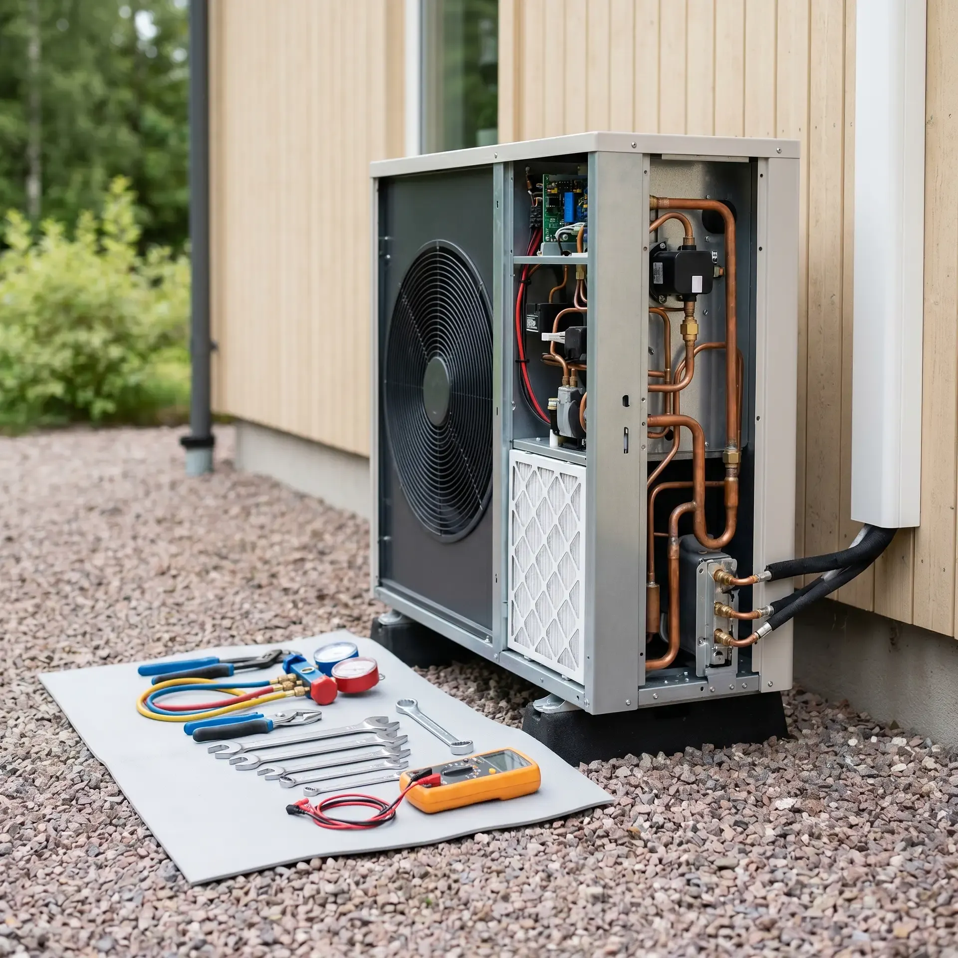 Värmepump med öppen panel och verktyg utlagda på marken framför.