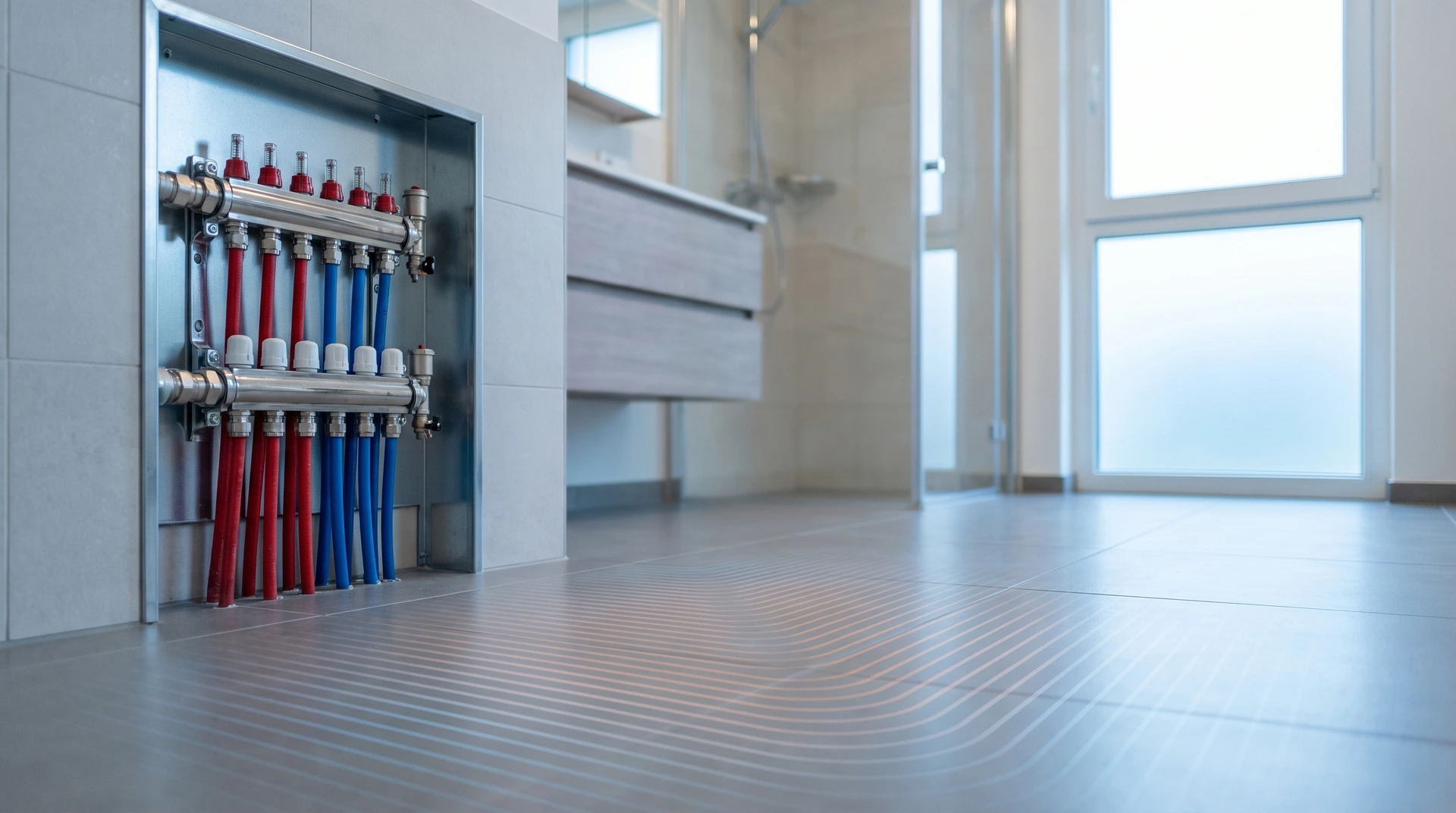 Golvvärmesystem med rör och fördelningskollektor installerat i modernt rum.