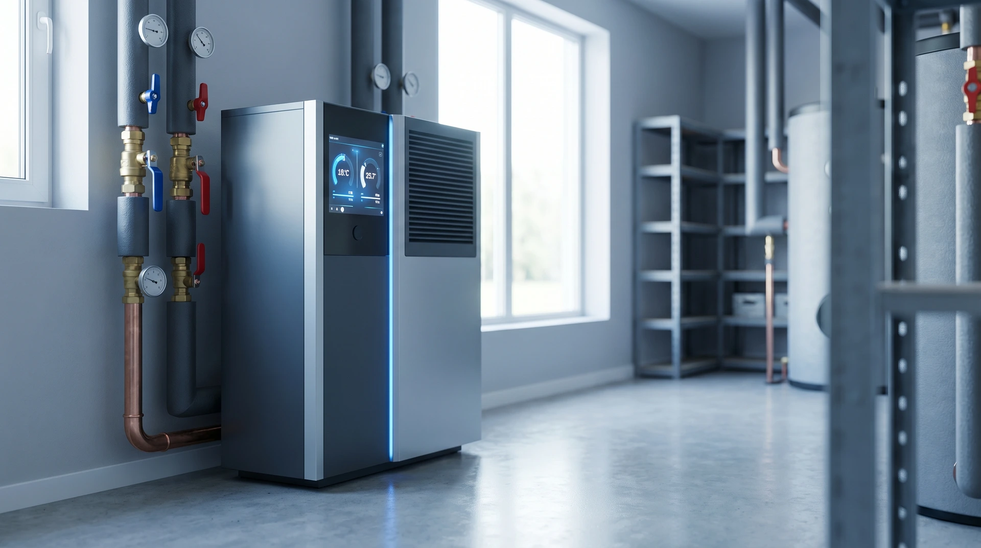 Modern värmepump med digital display i ljust industriellt utrymme.